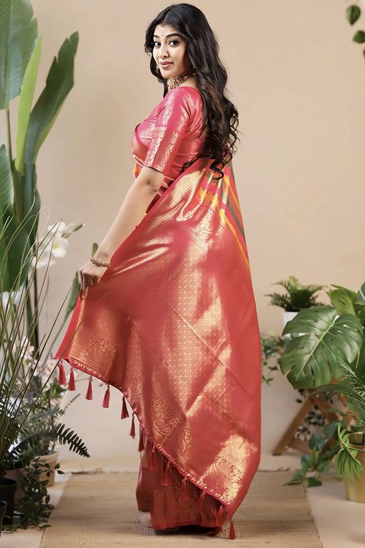 Multicolor Banarasi Silk Saree with Zari Weaving & Contrast Dark Pink Blouse Piece