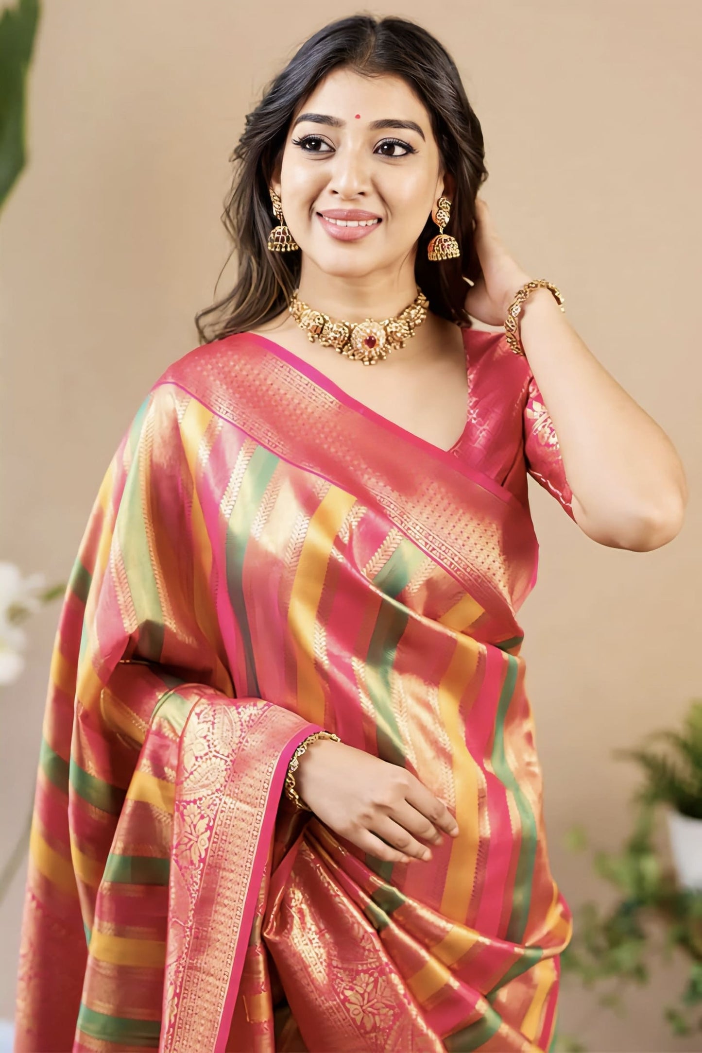 Multicolor Banarasi Silk Saree with Zari Weaving & Contrast Dark Pink Blouse Piece