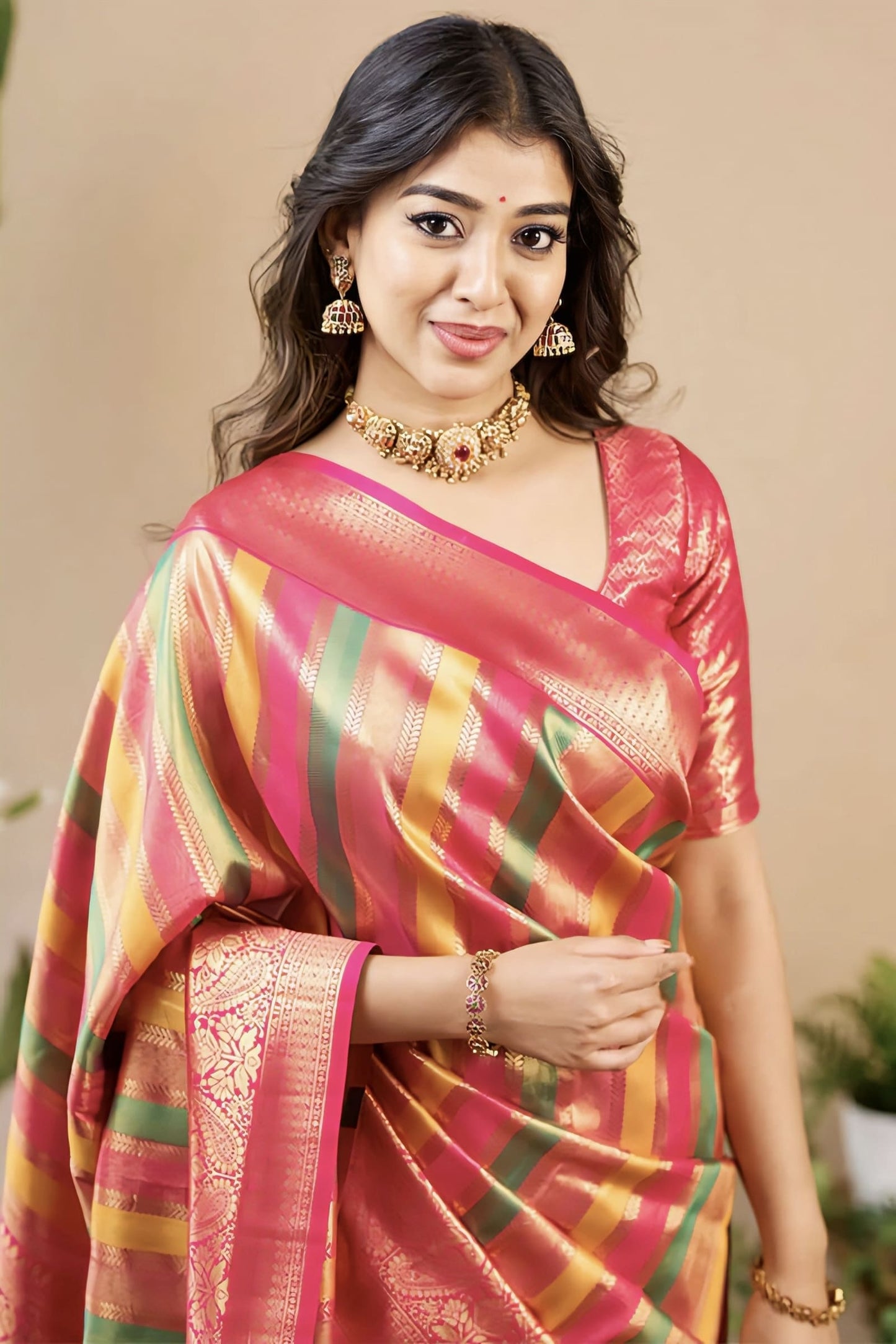 Multicolor Banarasi Silk Saree with Zari Weaving & Contrast Dark Pink Blouse Piece