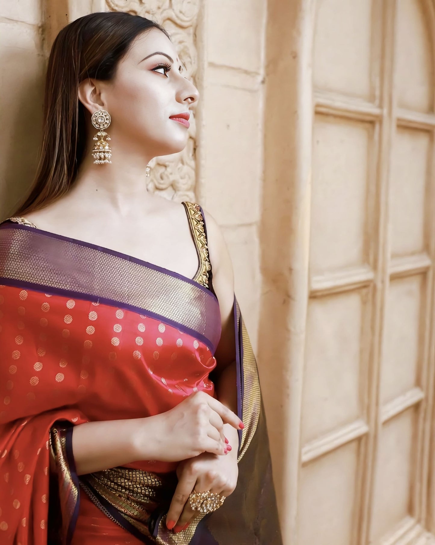 Dark Pink Soft Banarasi Silk Saree with Jacquard Weave & Contrast Blue Blouse Piece