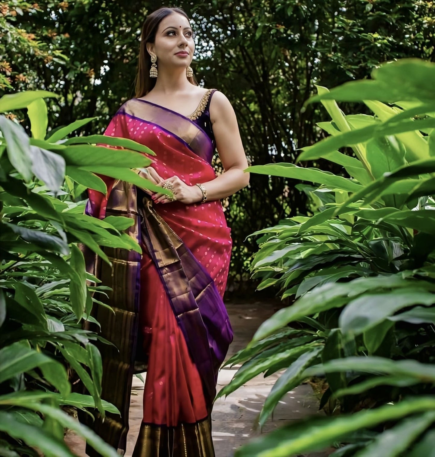 Dark Pink Soft Banarasi Silk Saree with Jacquard Weave & Contrast Blue Blouse Piece