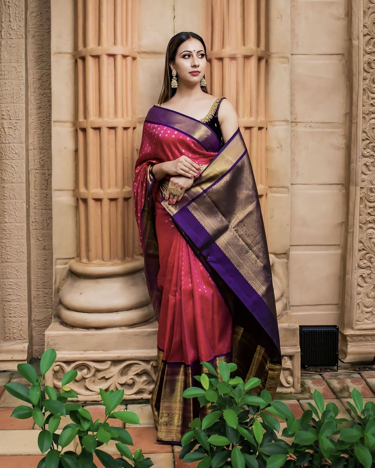 Dark Pink Soft Banarasi Silk Saree with Jacquard Weave & Contrast Blue Blouse Piece