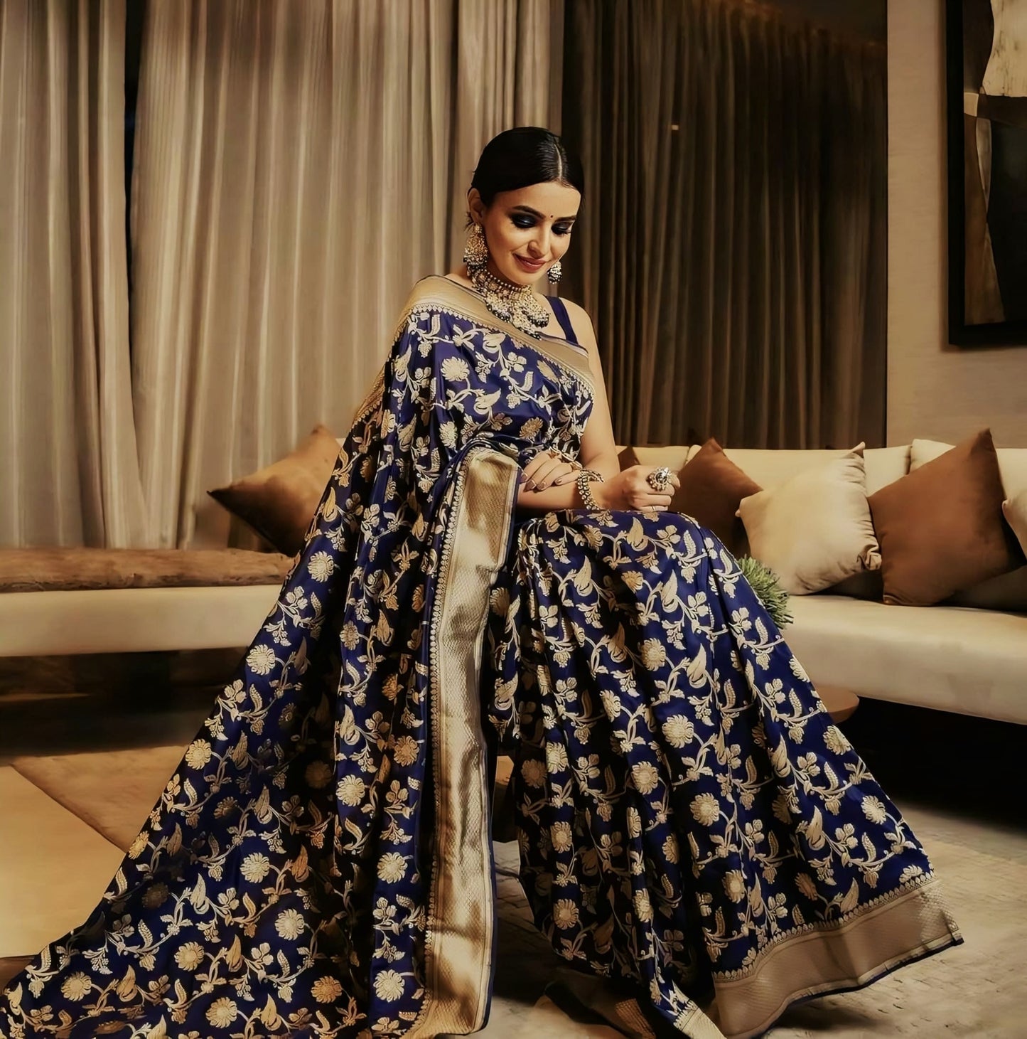 Blue Soft Banarasi Silk Saree with Jacquard Weave & Matching Blouse Piece