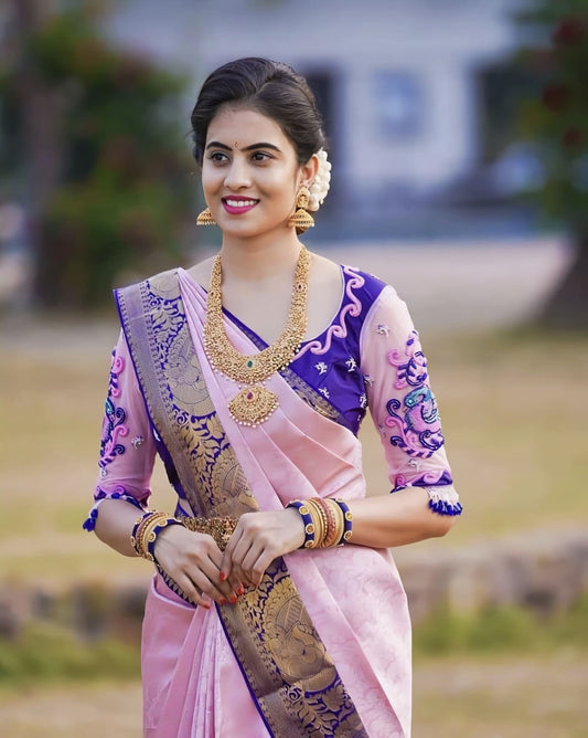 Pink Soft Banarasi Silk Saree with Jacquard Weave & Dual Blouse Pieces (Pink & Blue)