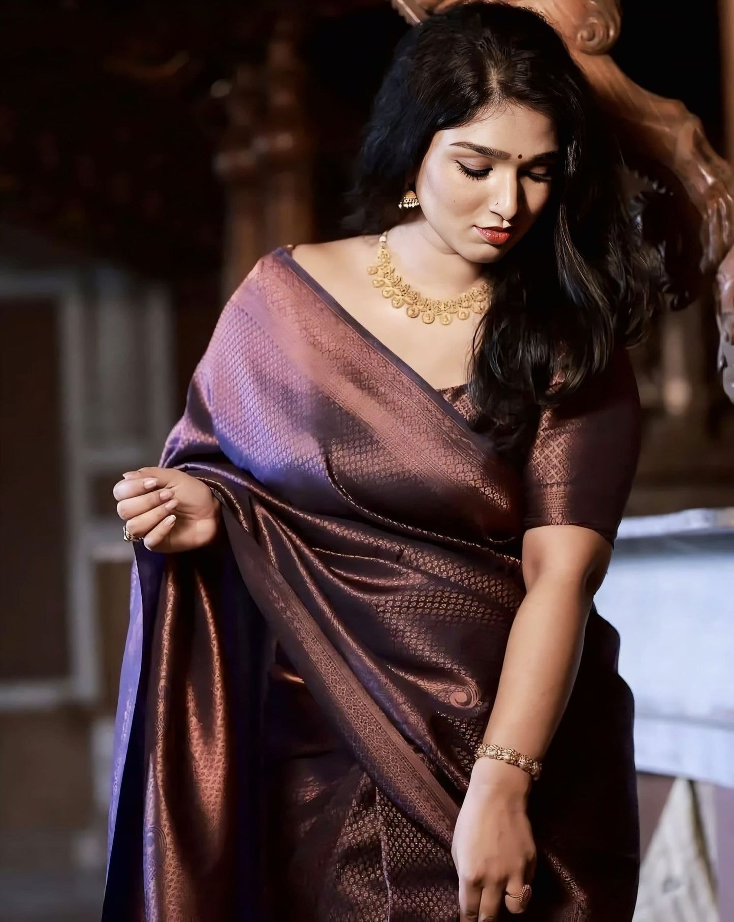 Navy Blue Soft Silk Saree with Jacquard Weave & Matching Blouse Piece