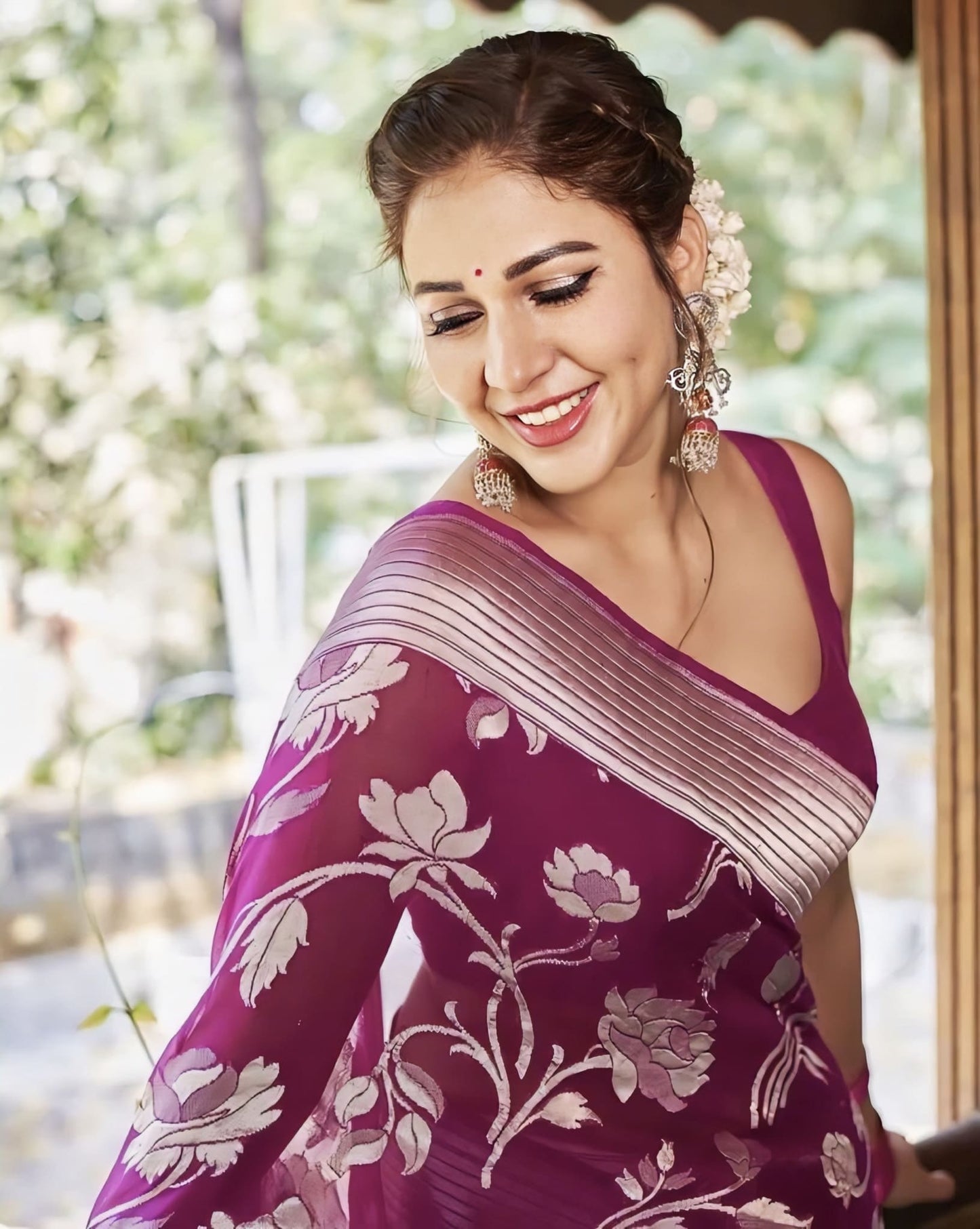 Purple Banarasi Silk Saree with Jacquard Weave & Matching Blouse Piece