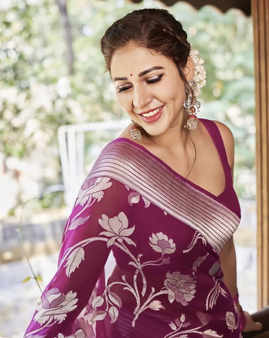 Purple Banarasi Silk Saree with Jacquard Weave & Matching Blouse Piece