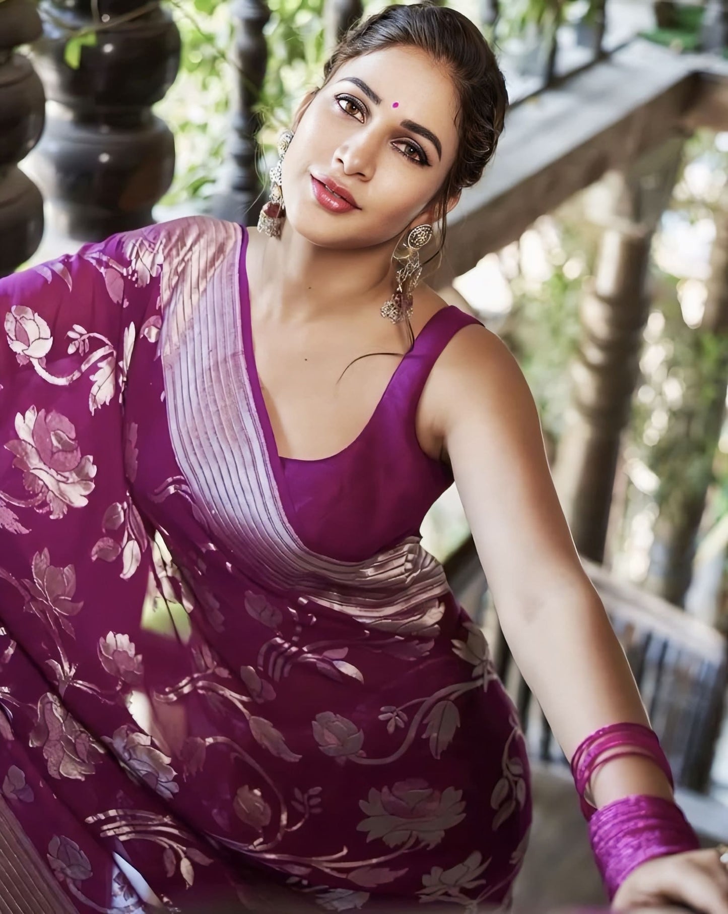 Purple Banarasi Silk Saree with Jacquard Weave & Matching Blouse Piece