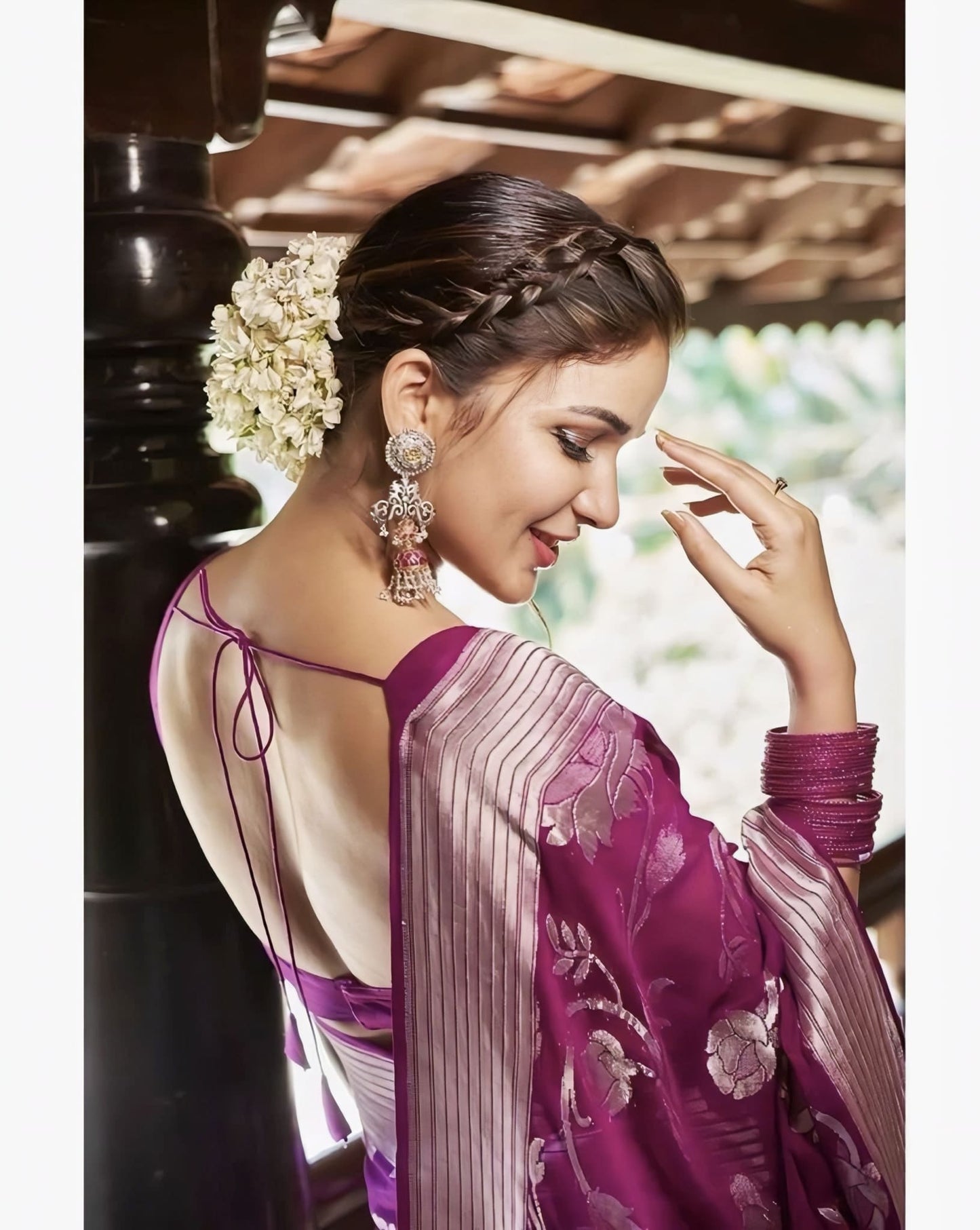 Purple Banarasi Silk Saree with Jacquard Weave & Matching Blouse Piece