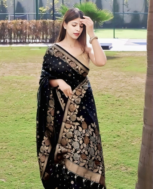 Black Soft Banarasi Silk Saree with Jacquard Weave & Matching Blouse Piece