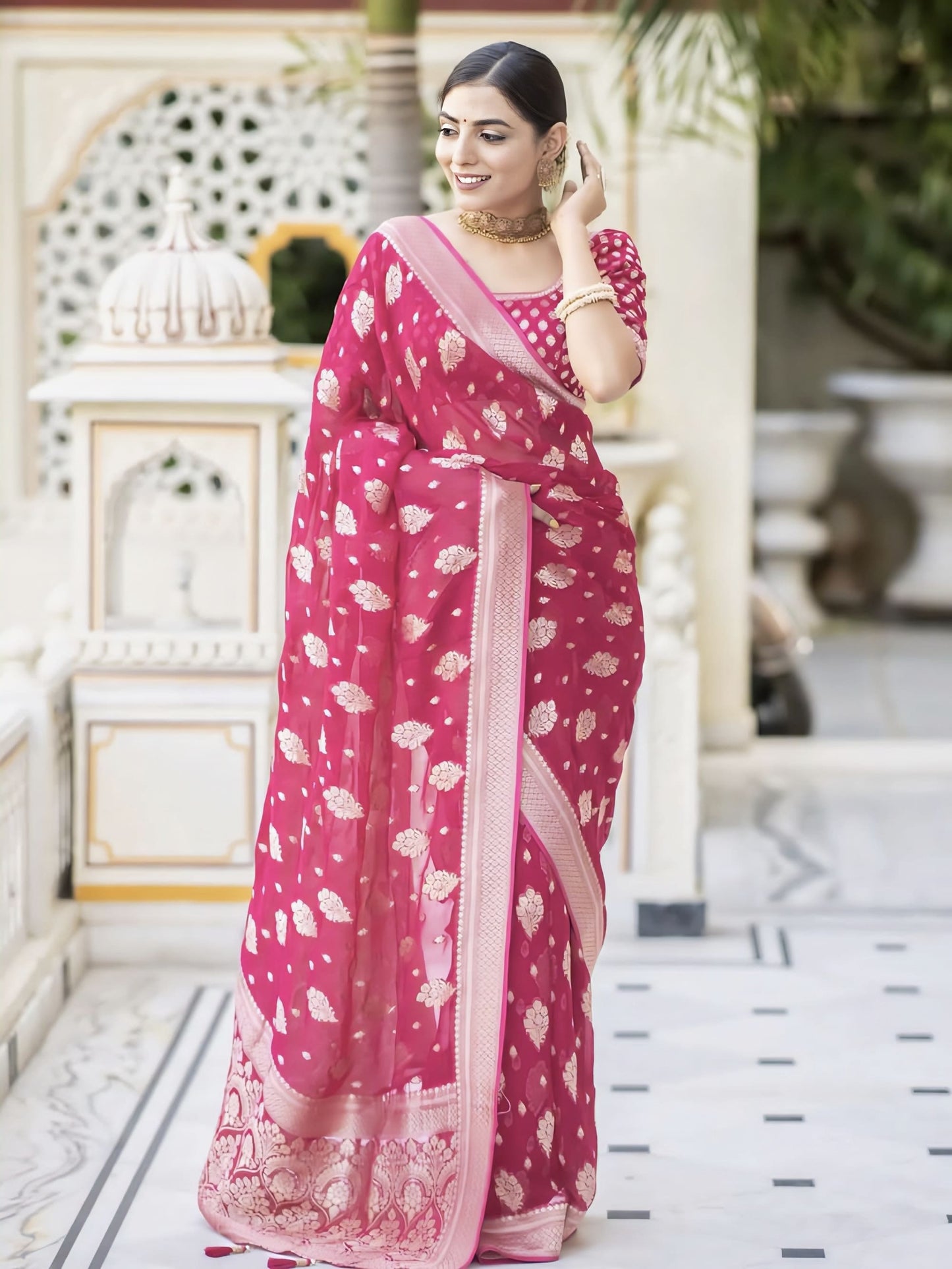 Dark Pink Soft Banarasi Silk Saree with Jacquard Weave & Matching Blouse Piece