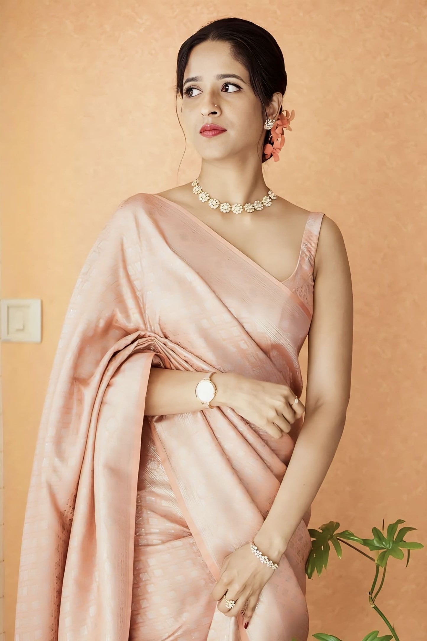 Peach Soft Banarasi Silk Saree with Jacquard Weave & Matching Blouse Piece