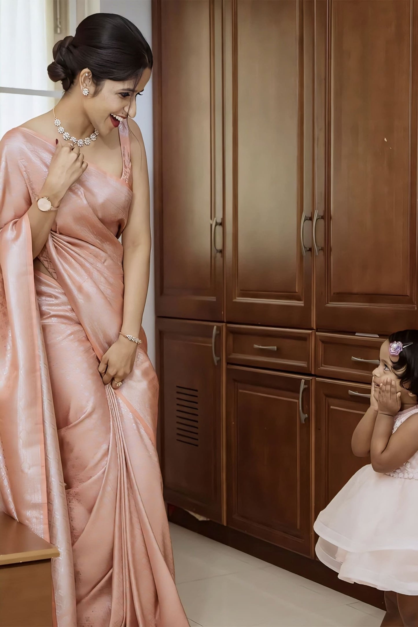 Peach Soft Banarasi Silk Saree with Jacquard Weave & Matching Blouse Piece