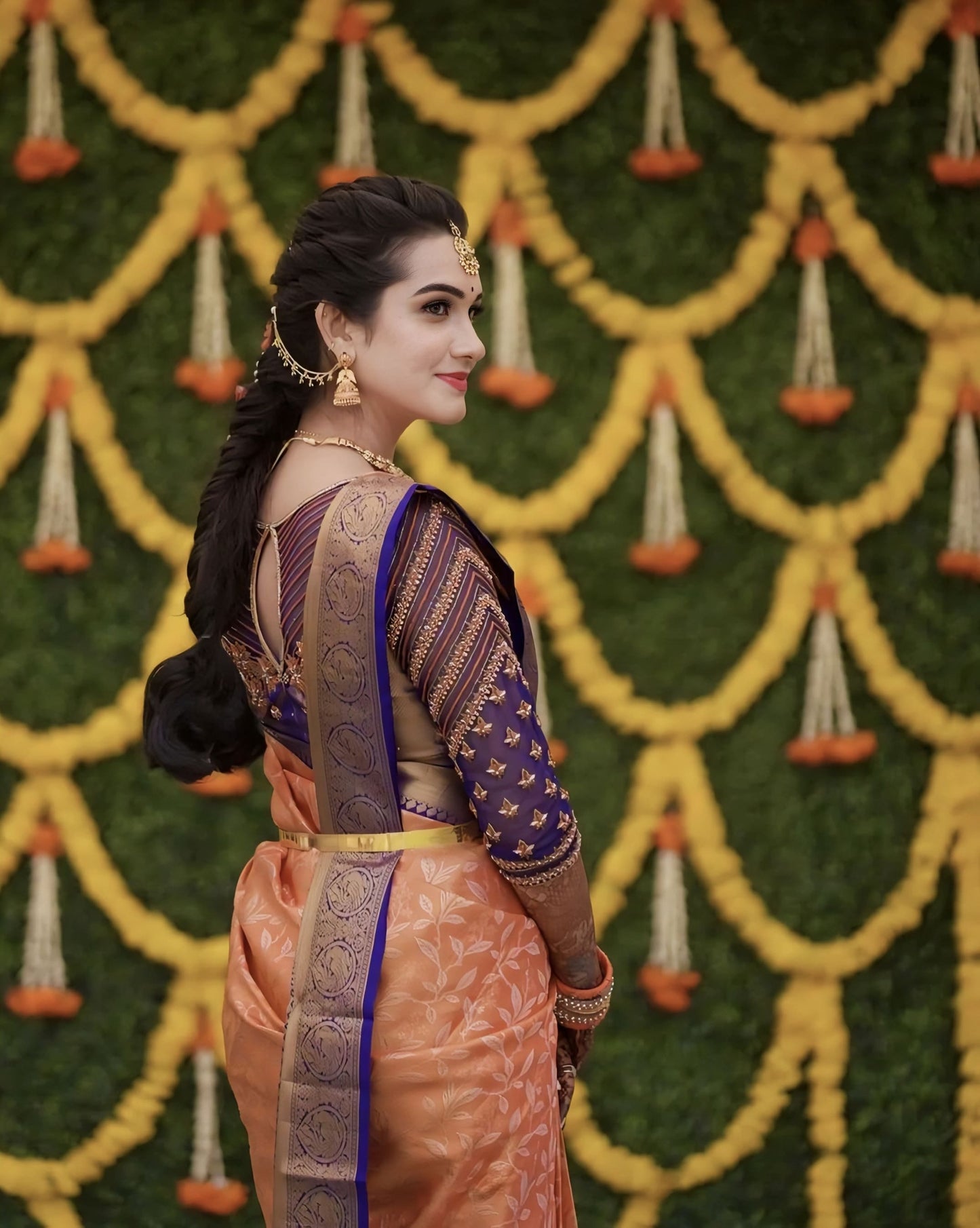 Peach Soft Banarasi Silk Saree with Jacquard Weave & Contrast Royal Blue Blouse Piece