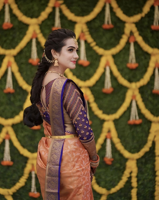 Peach Soft Banarasi Silk Saree with Jacquard Weave & Contrast Royal Blue Blouse Piece