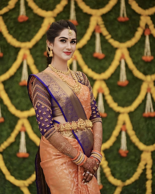 Peach Soft Banarasi Silk Saree with Jacquard Weave & Contrast Royal Blue Blouse Piece