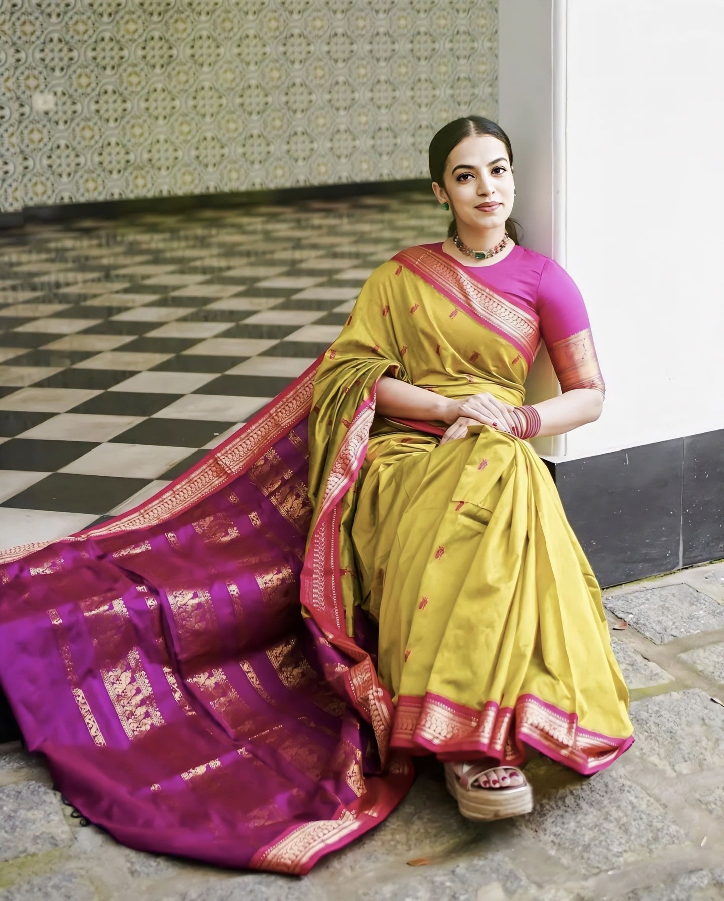 Mustard Soft Banarasi Silk Saree with Jacquard Weave & Contrast Dark Pink Blouse Piece