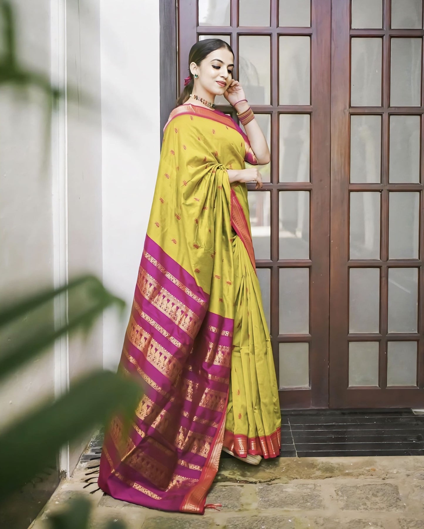 Mustard Soft Banarasi Silk Saree with Jacquard Weave & Contrast Dark Pink Blouse Piece