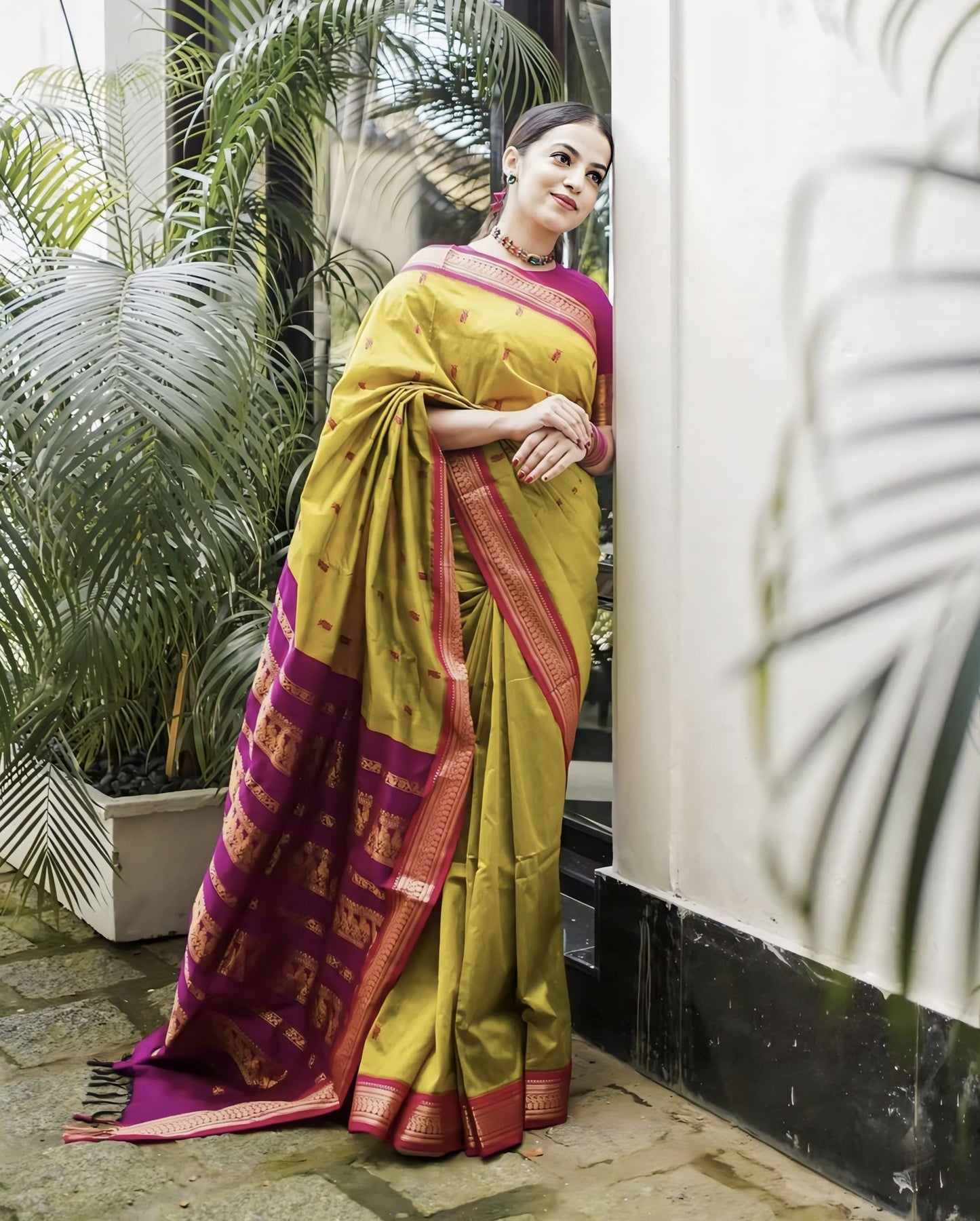 Mustard Soft Banarasi Silk Saree with Jacquard Weave & Contrast Dark Pink Blouse Piece