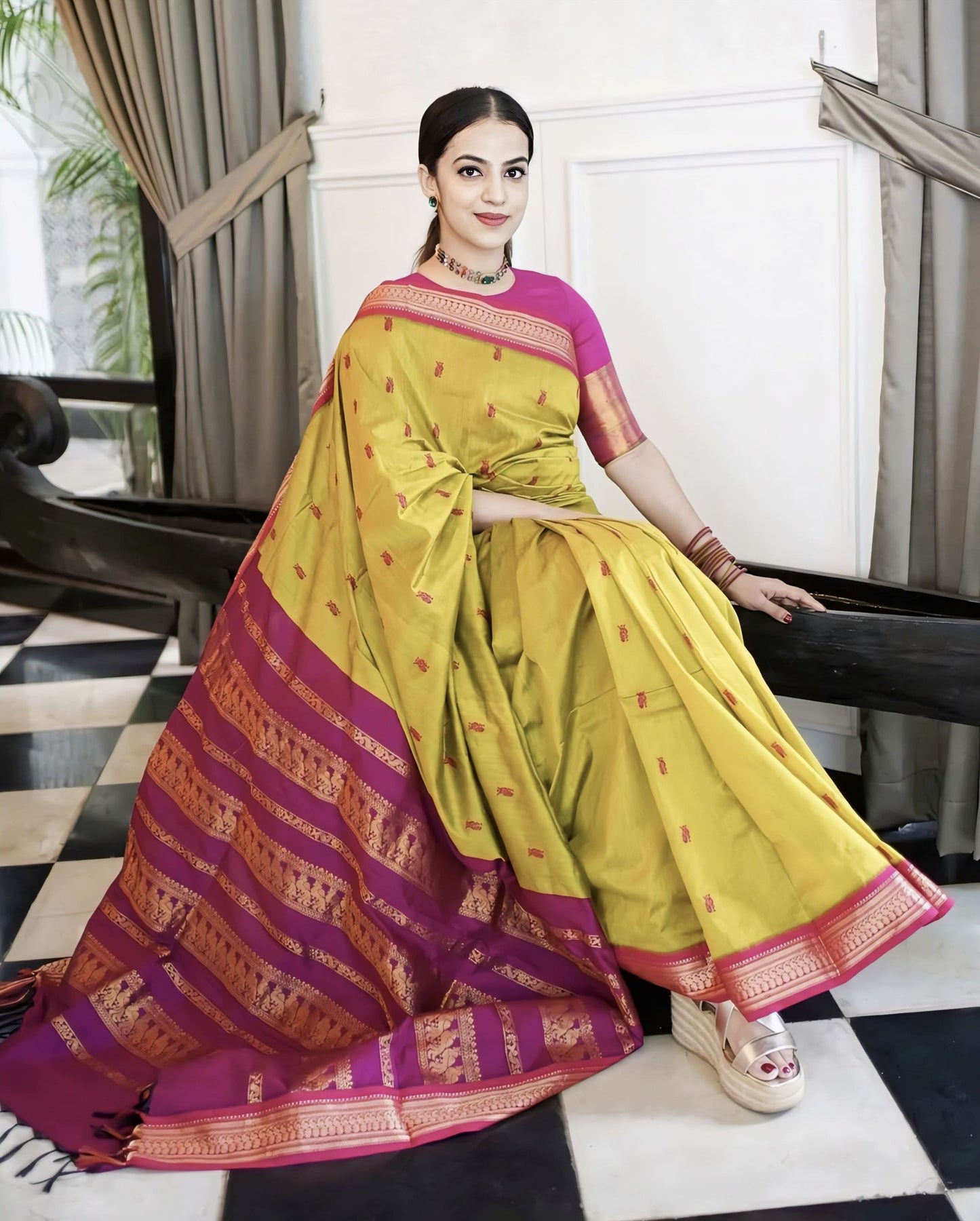 Mustard Soft Banarasi Silk Saree with Jacquard Weave & Contrast Dark Pink Blouse Piece