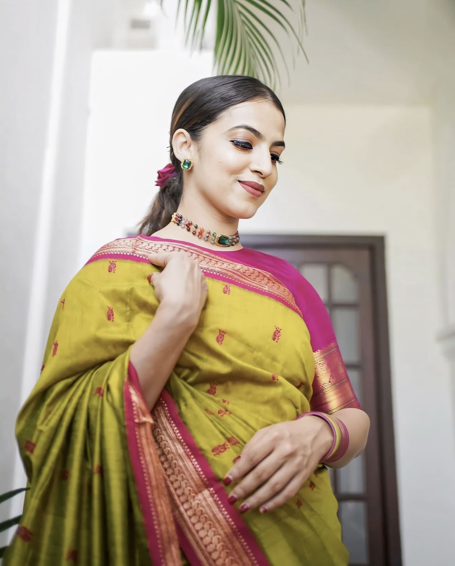 Mustard Soft Banarasi Silk Saree with Jacquard Weave & Contrast Dark Pink Blouse Piece