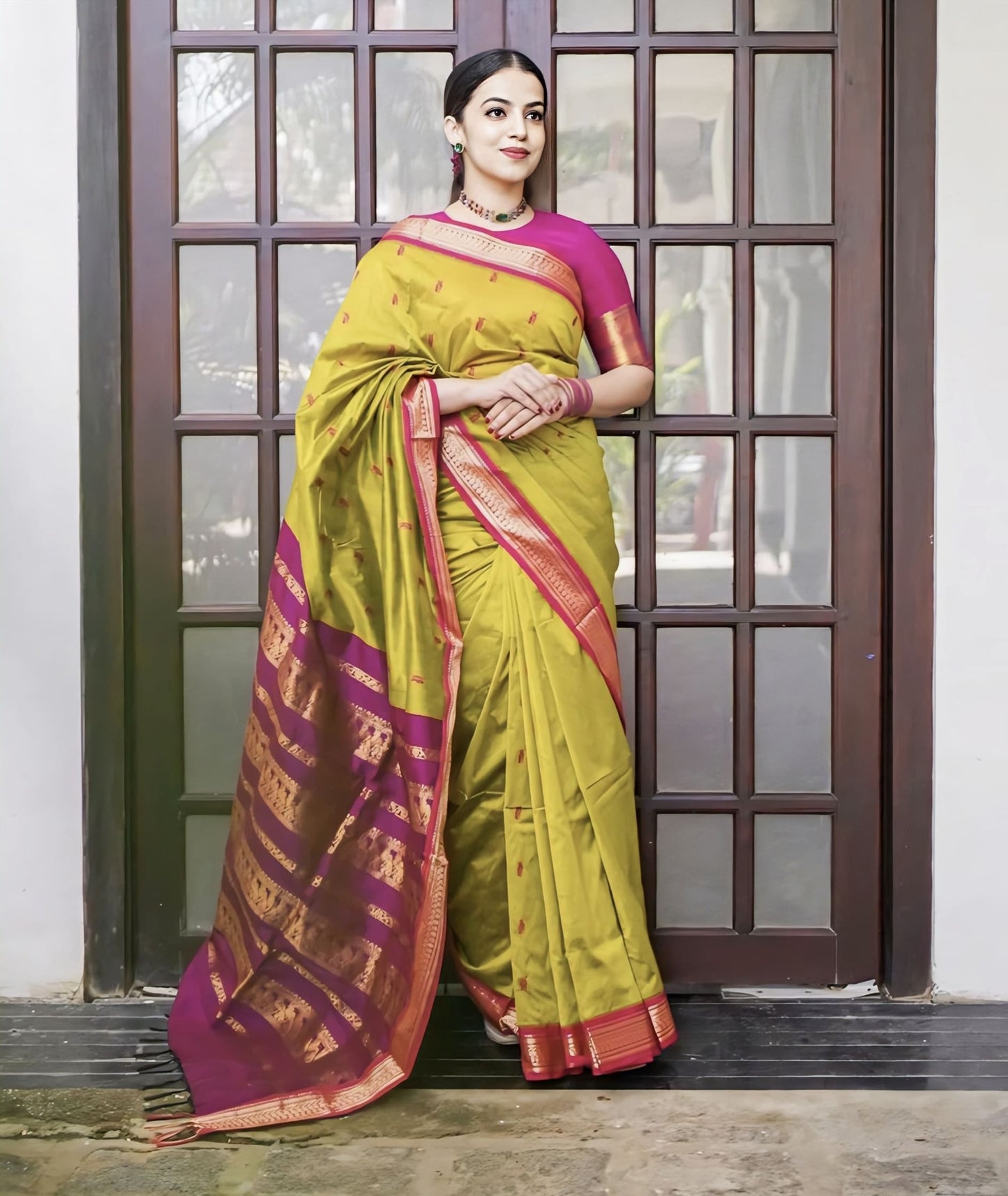 Mustard Soft Banarasi Silk Saree with Jacquard Weave & Contrast Dark Pink Blouse Piece