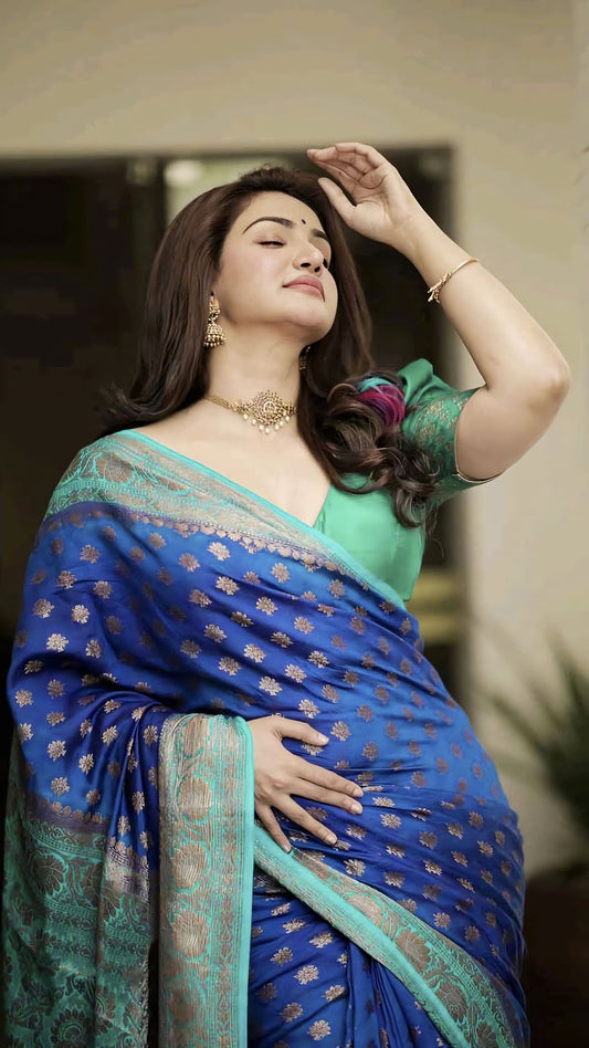 Blue Soft Banarasi Silk Saree with Jacquard Weave & Contrast Rama Green Blouse Piece