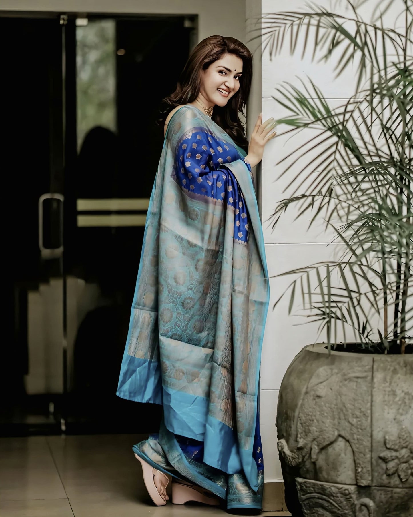 Blue Soft Banarasi Silk Saree with Jacquard Weave & Contrast Rama Green Blouse Piece