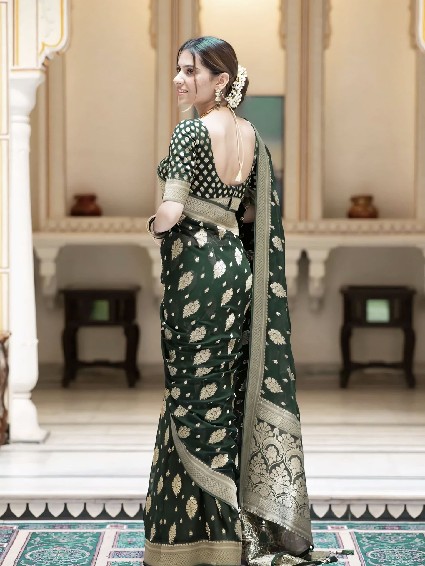 Dark Green Soft Banarasi Silk Saree with Jacquard Weave & Matching Blouse Piece