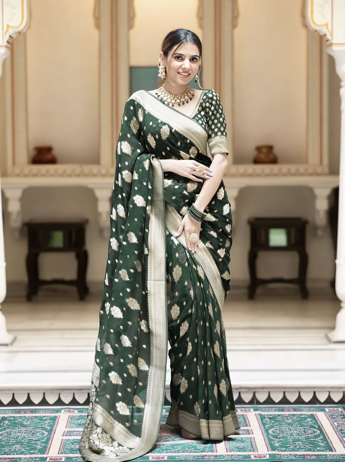 Dark Green Soft Banarasi Silk Saree with Jacquard Weave & Matching Blouse Piece