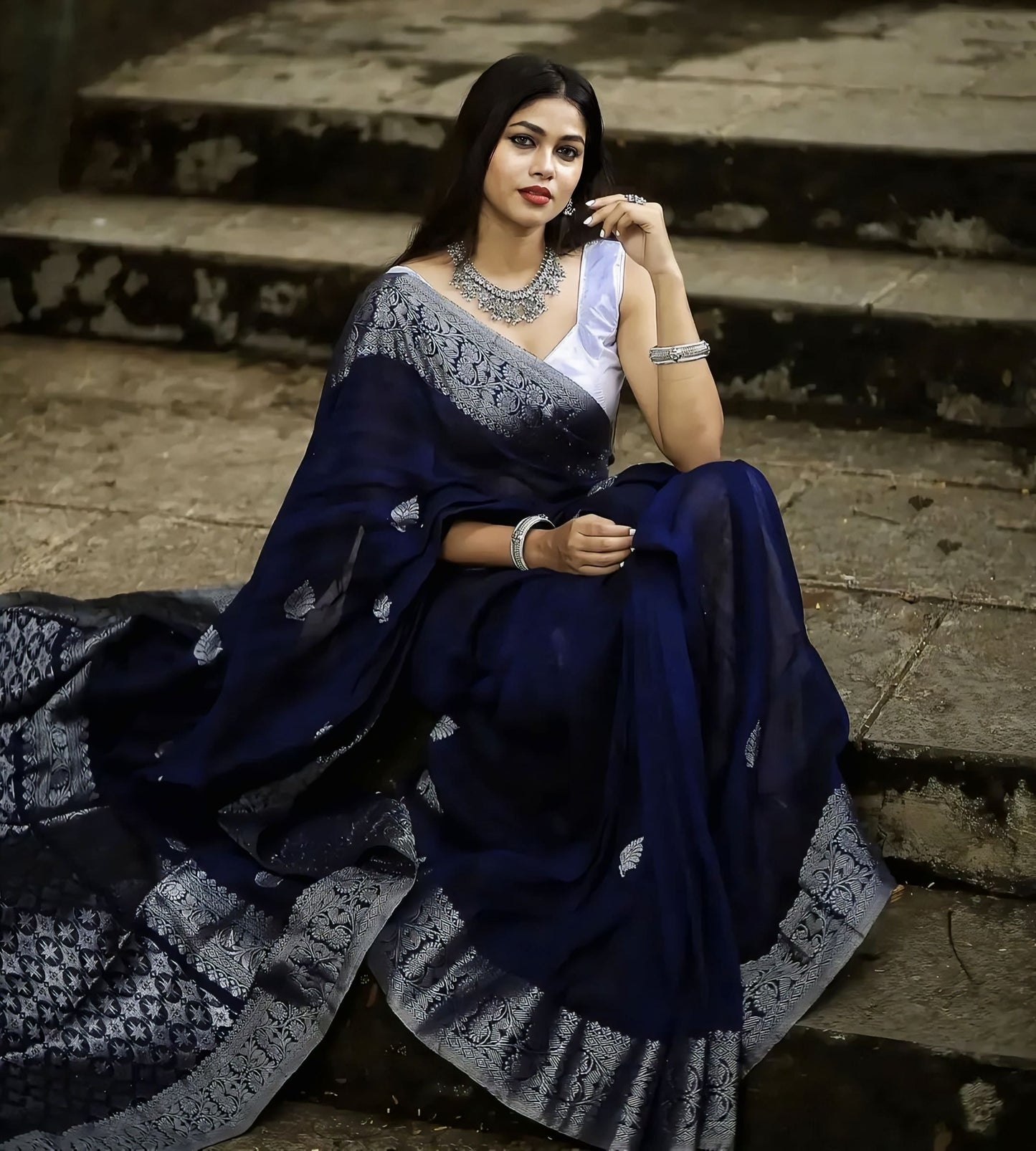 Navy Blue Soft Banarasi Silk Saree with Jacquard Weave & Contrast Grey Blouse Piece