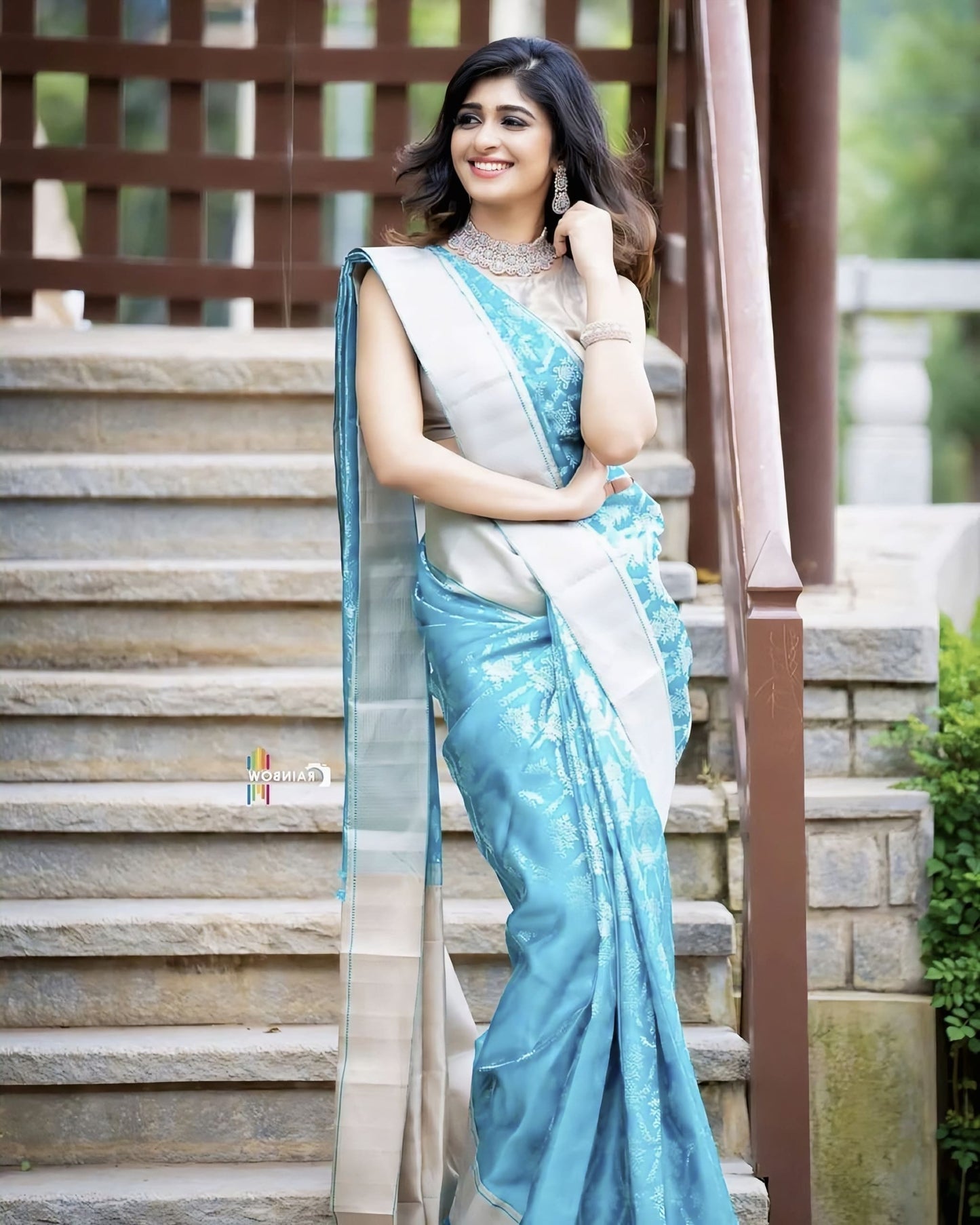 Firozi Blue (Turquoise) Soft Banarasi Silk Saree with Jacquard Weave & Matching Blouse Piece