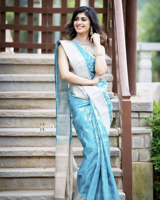 Firozi Blue (Turquoise) Soft Banarasi Silk Saree with Jacquard Weave & Matching Blouse Piece