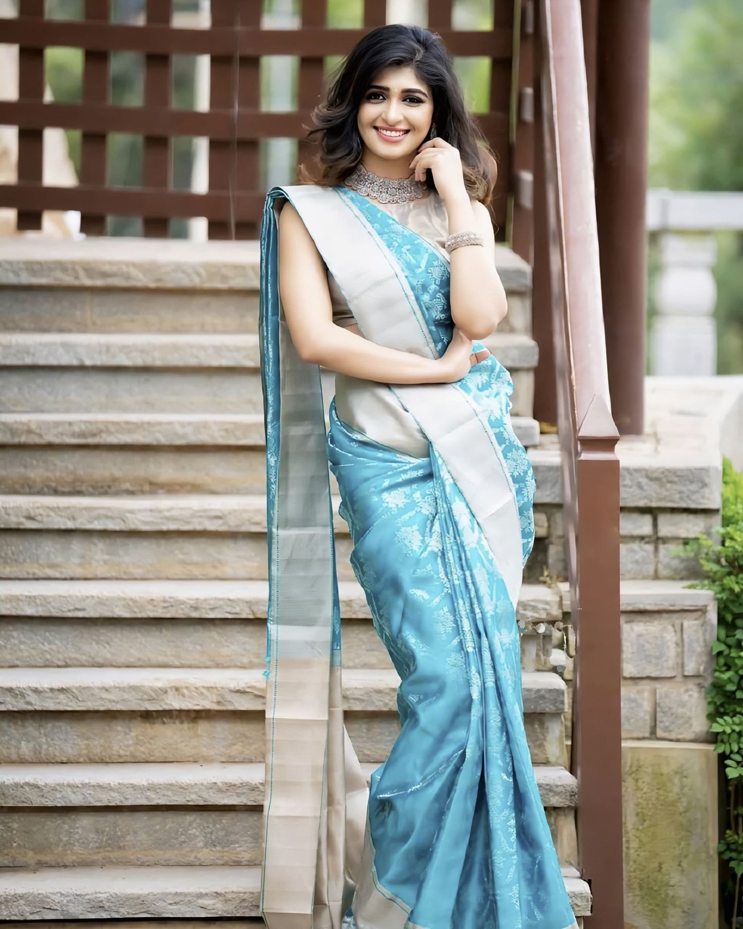 Firozi Blue (Turquoise) Soft Banarasi Silk Saree with Jacquard Weave & Matching Blouse Piece
