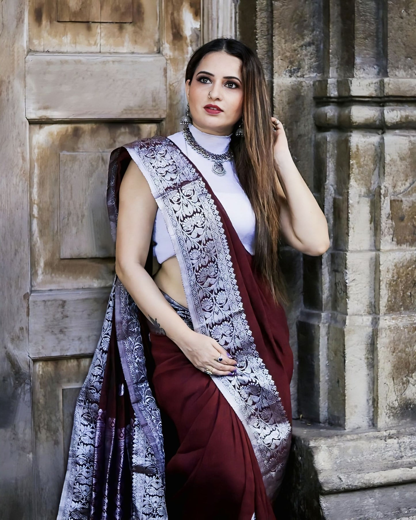 Wine Soft Banarasi Silk Saree with Jacquard Weave & Contrast Silver Blouse Piece