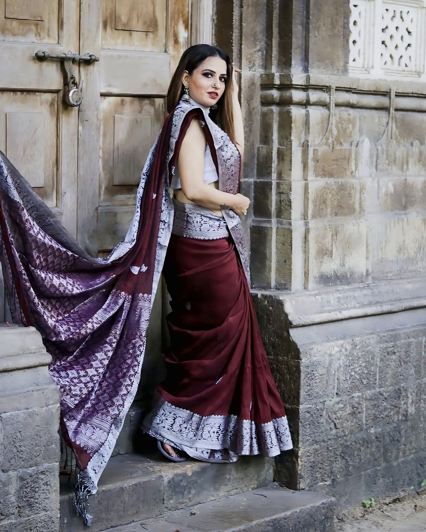 Wine Soft Banarasi Silk Saree with Jacquard Weave & Contrast Silver Blouse Piece