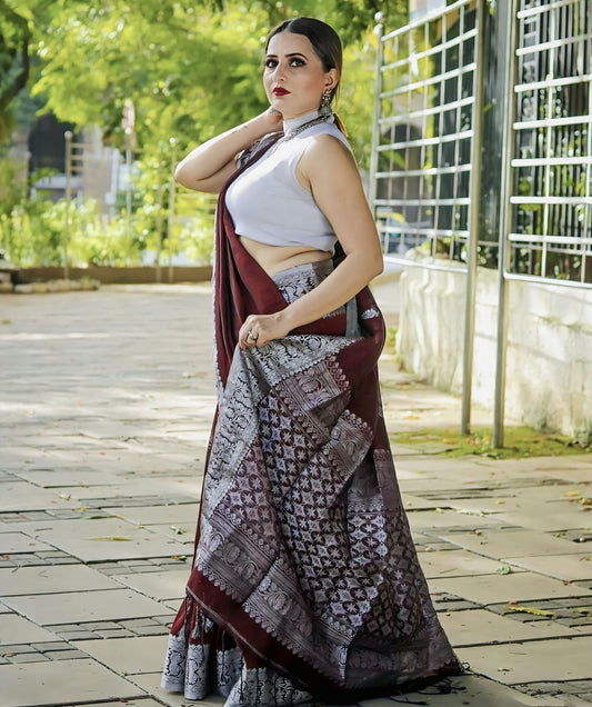 Wine Soft Banarasi Silk Saree with Jacquard Weave & Contrast Silver Blouse Piece