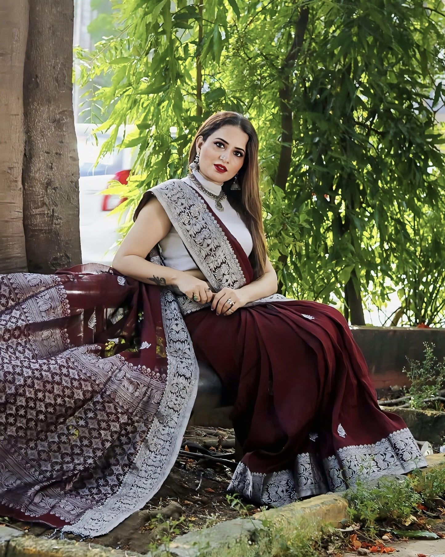 Wine Soft Banarasi Silk Saree with Jacquard Weave & Contrast Silver Blouse Piece