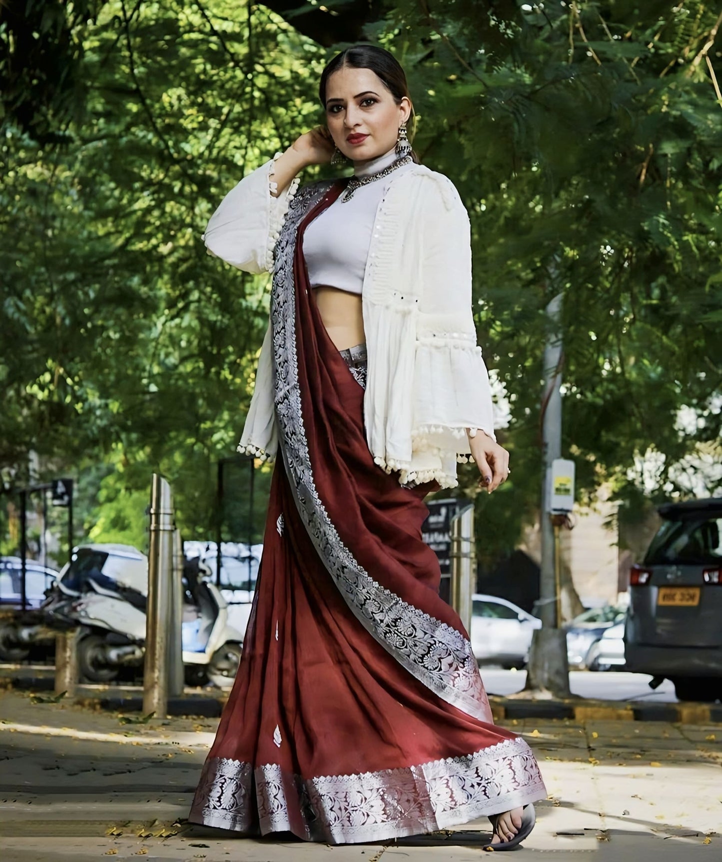 Wine Soft Banarasi Silk Saree with Jacquard Weave & Contrast Silver Blouse Piece