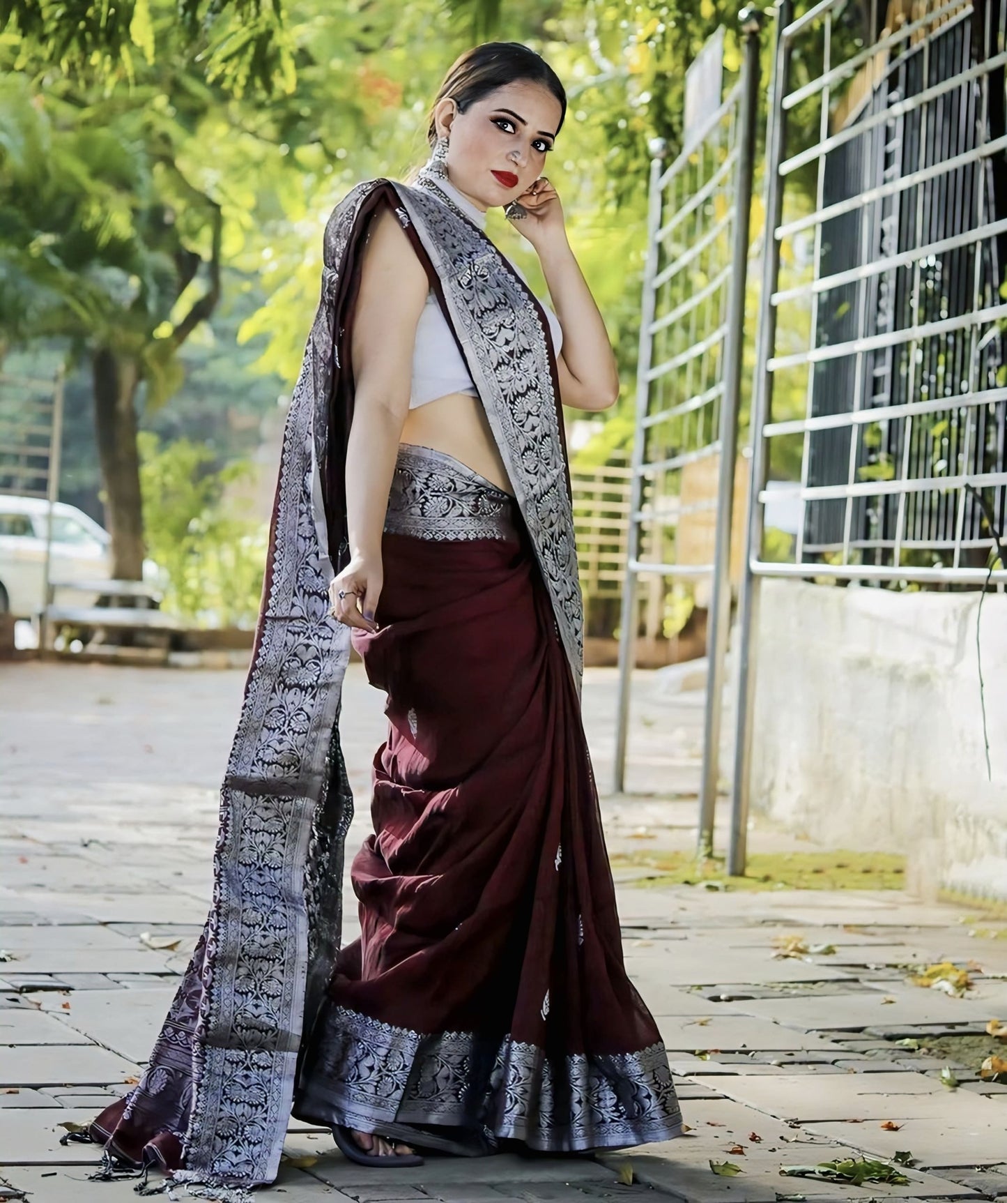 Wine Soft Banarasi Silk Saree with Jacquard Weave & Contrast Silver Blouse Piece