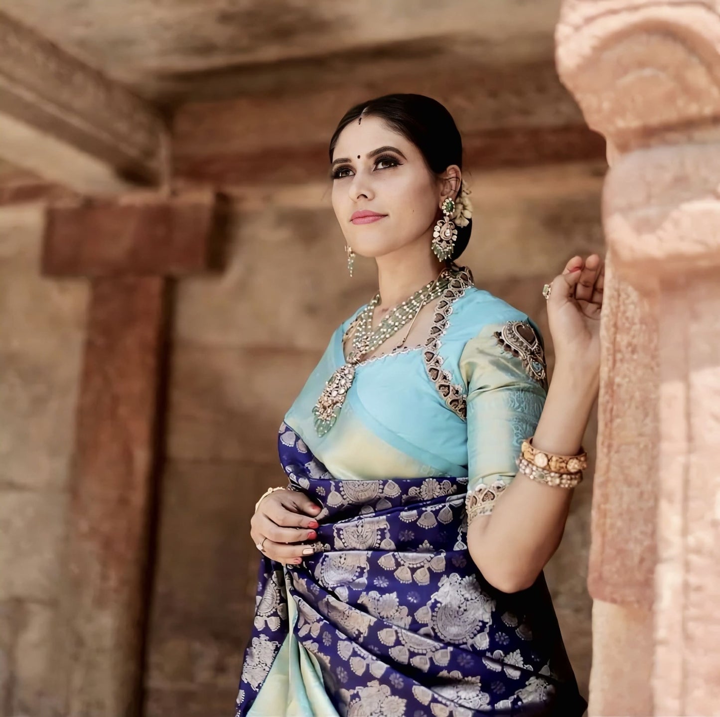 Blue Soft Banarasi Silk Saree with Jacquard Weave & Contrast Firozi (Turquoise) Blouse Piece