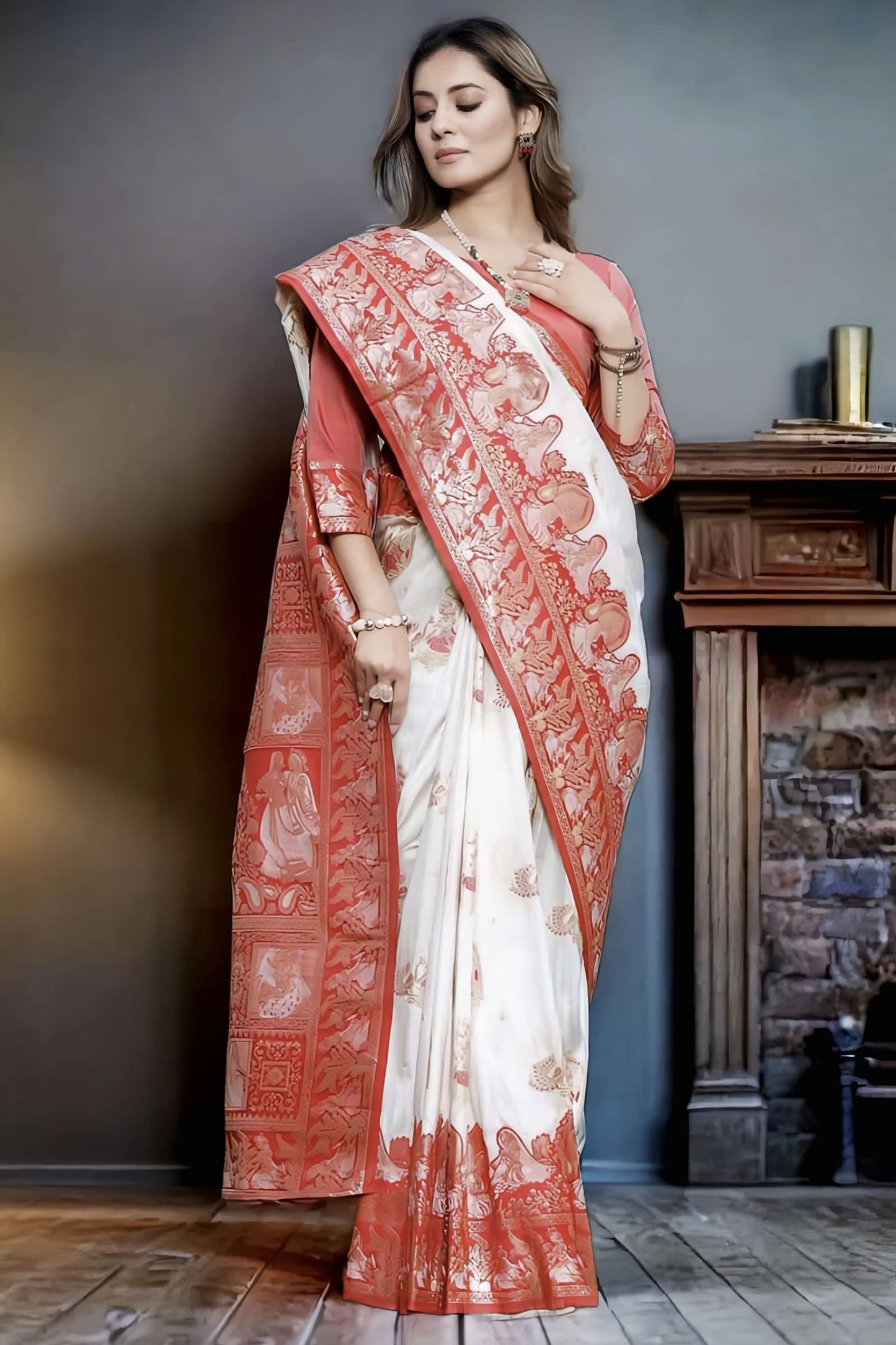 White Soft Silk Banarasi Saree with Jacquard Weave & Contrast Red Blouse Piece