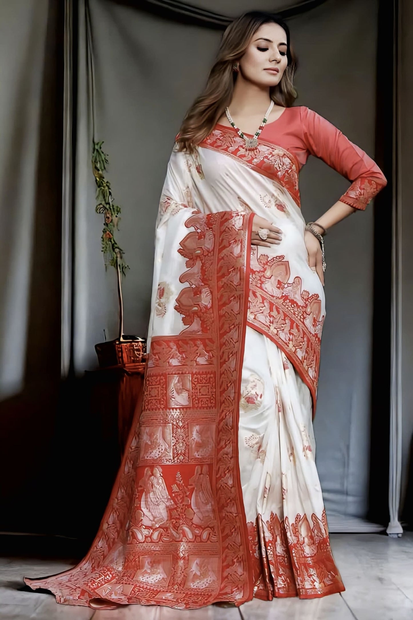 White Soft Silk Banarasi Saree with Jacquard Weave & Contrast Red Blouse Piece