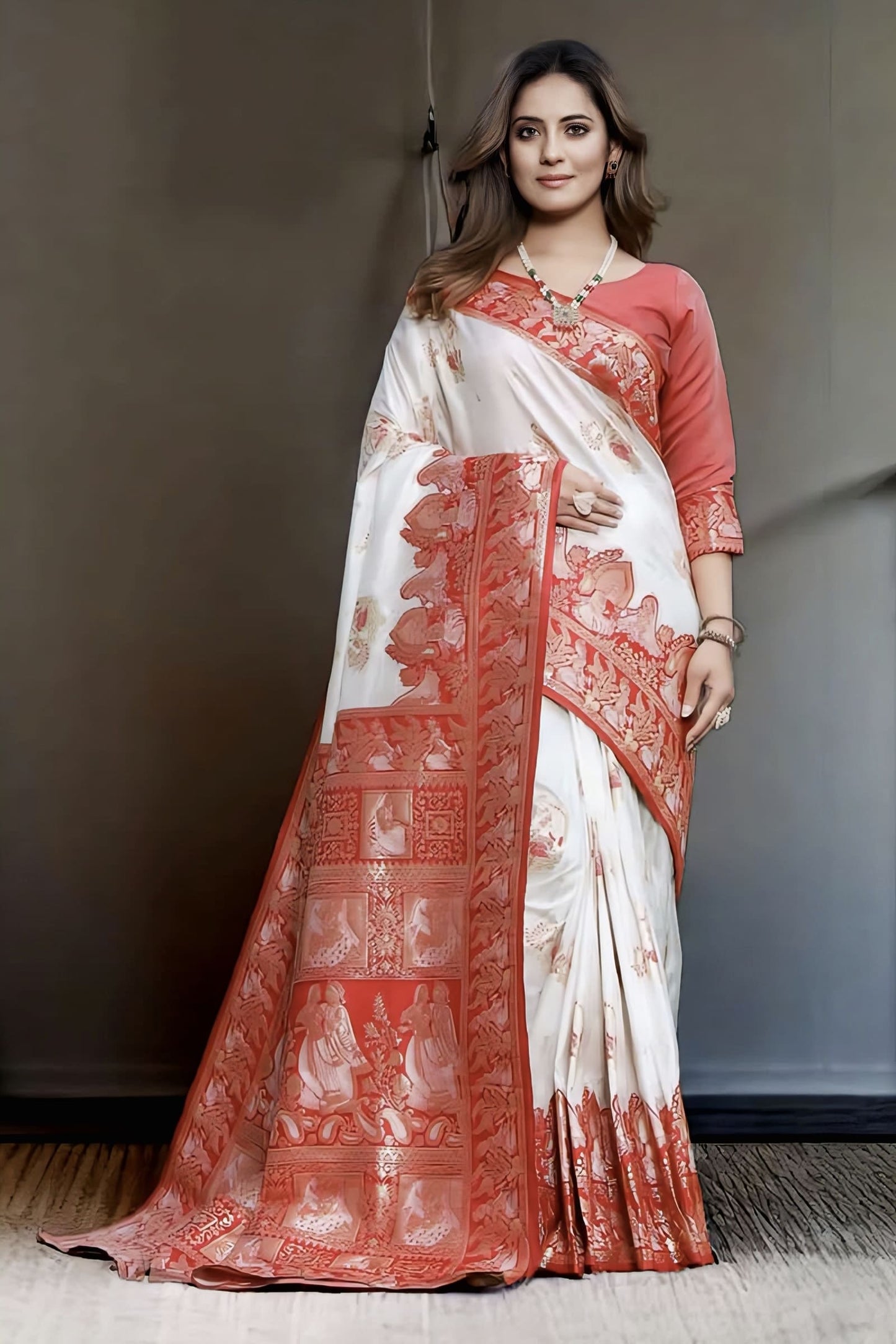 White Soft Silk Banarasi Saree with Jacquard Weave & Contrast Red Blouse Piece