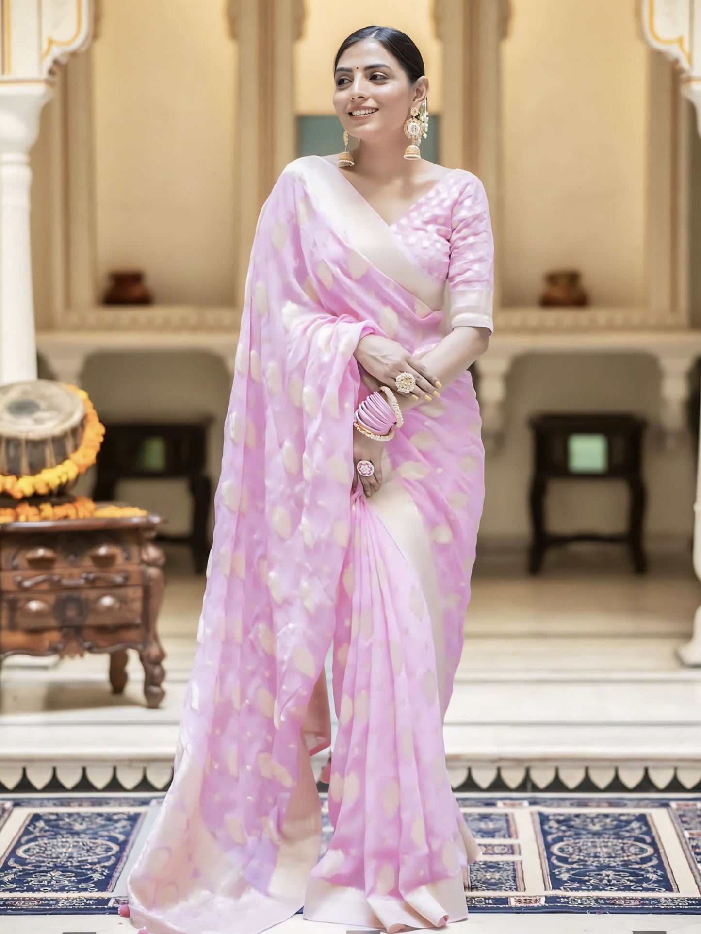 Pink Soft Banarasi Silk Saree with Jacquard Weave & Matching Blouse Piece