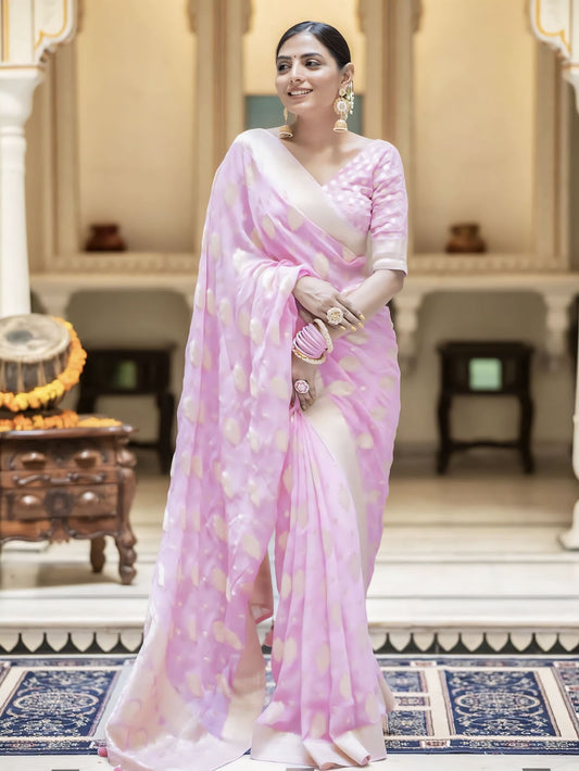 Pink Soft Banarasi Silk Saree with Jacquard Weave & Matching Blouse Piece