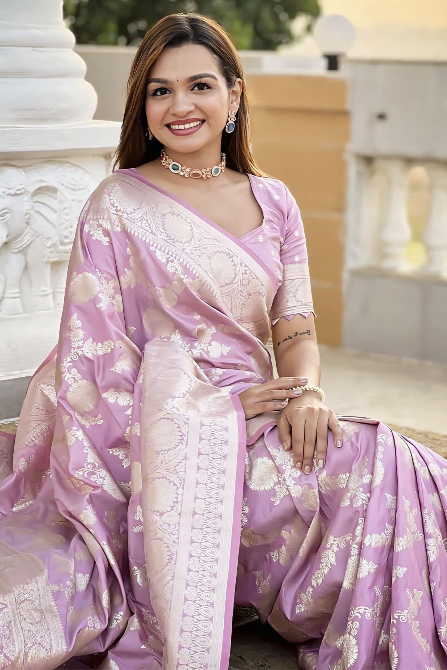Baby Pink Soft Banarasi Silk Saree with Zari Weaving & Matching Blouse Piece