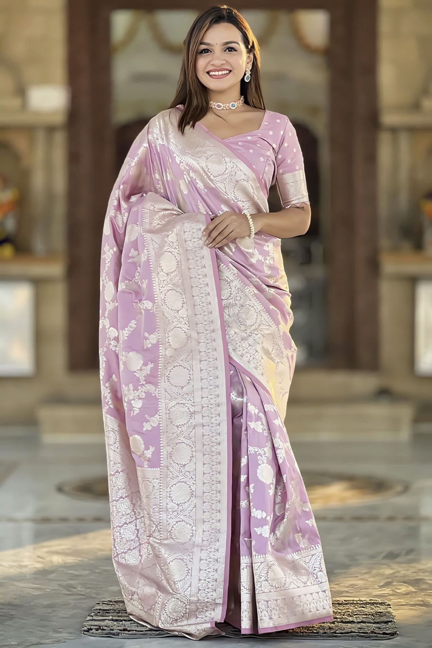 Baby Pink Soft Banarasi Silk Saree with Zari Weaving & Matching Blouse Piece