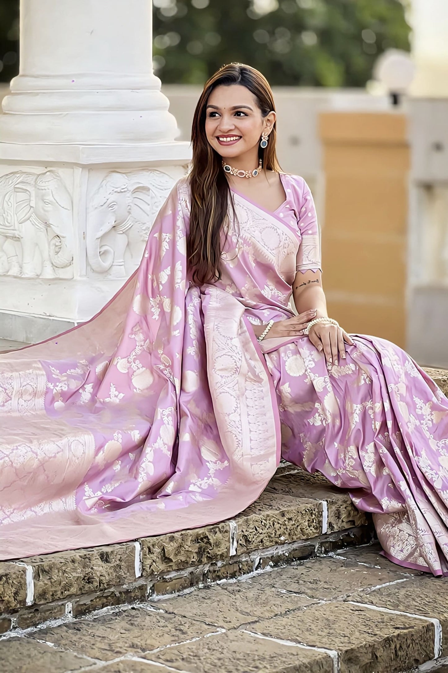 Baby Pink Soft Banarasi Silk Saree with Zari Weaving & Matching Blouse Piece
