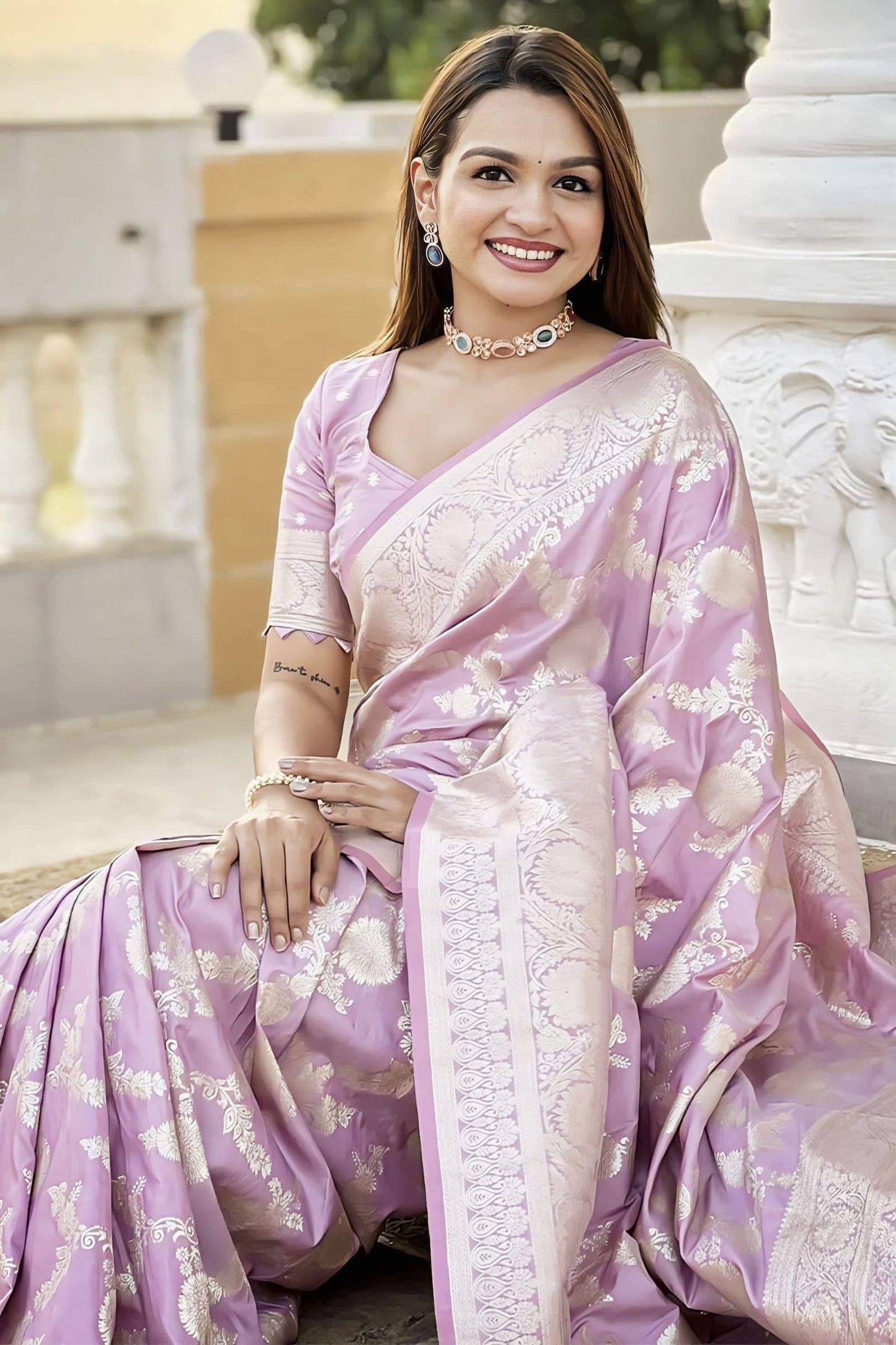 Baby Pink Soft Banarasi Silk Saree with Zari Weaving & Matching Blouse Piece